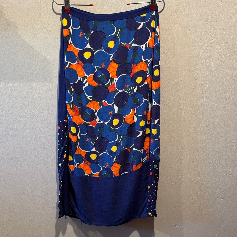 Staud Abstract Fruits and Veggie Blue Midi Knee Length Zip Back Colorful Skirt
